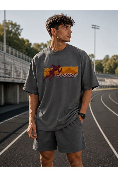 ZAVIXO Running Baskılı Oversize T-Shirt & Şort Takımı – Premium Pamuk Streetw...