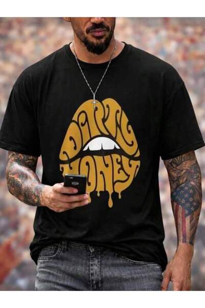 45 BPM Men's DIRTY HONEY T-Shirt With Print - Oversized Round Neck,Men Vacati...