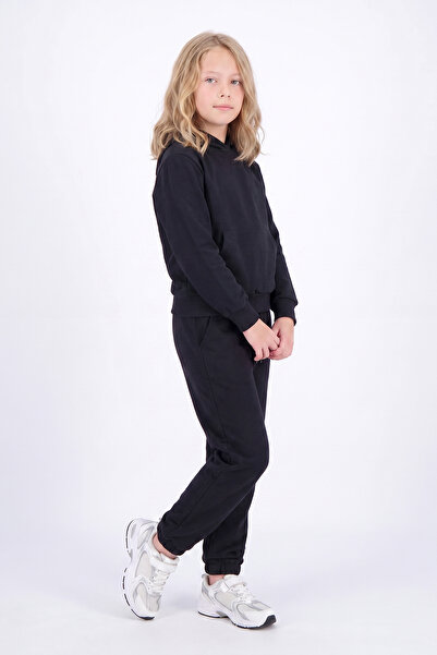 FYK KİDS Girl's Plain Kangaroo Pocket Hooded Tracksuit Set