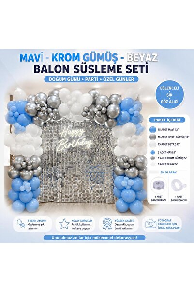 Genel Markalar Parti Süsleme Balon Seti Mavi Krom Gümüş Beyaz Konsept Balon Z...