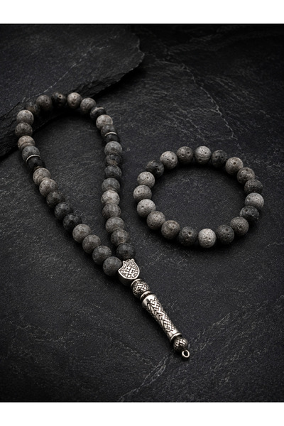 İyyaKee Aerolite Obsidian Natural Stone Rosary and Bracelet Set Medium Size M...