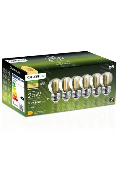 Lumiled 6x Bec LED E27 tip bilă P45 2W = 25W 249lm 3000K Cald 360 °   FILAMENT