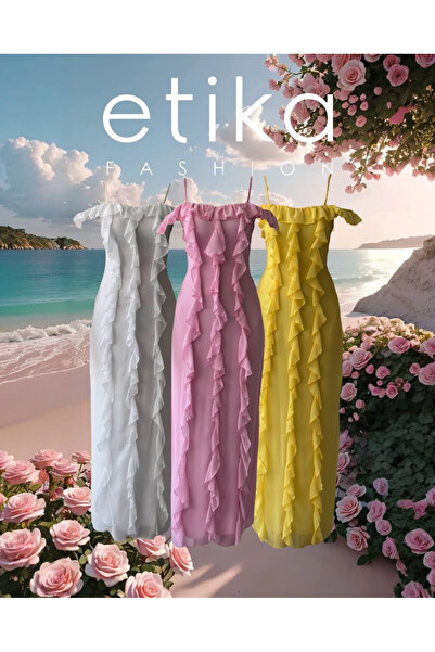 Clothes Fast Γυναικείο ροζ μίντι φόρεμα με λεπτές τιράντες, ανοιχτό στους ώμο...