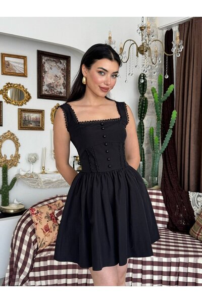 Clothes Fast فستان نسائي قصير من قماش البوبلين باللون الأسود مع ياقة مربعة وت...