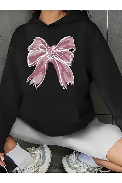 JENOLAN Women's Bow Printed Black Gray Hooded Kangaroo Pocket Unisex Oversize...