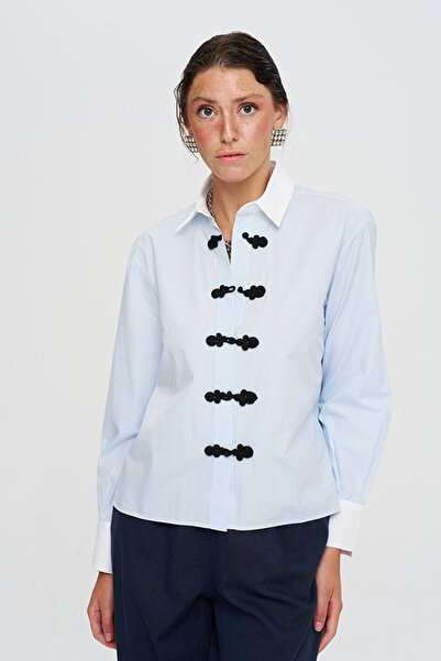 Orfeo Negro Women's Contrast Collar Black Chinese Buttoned Striped Shirt