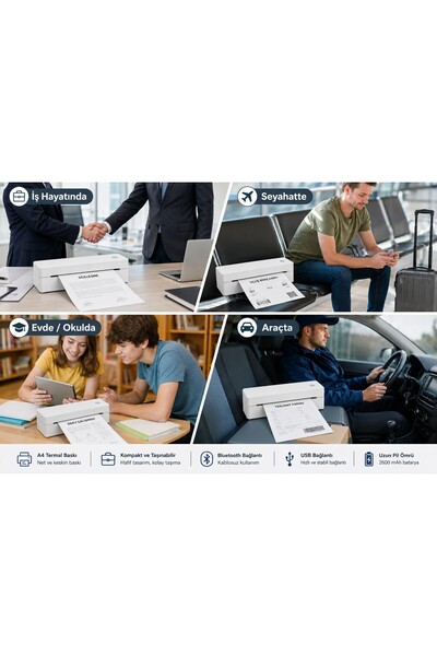 Zjiang A401 Termal A4 Taşınabilir Yazıcı, Beyaz, 300 Dpi, Bluetooth Kablosuz, Mürekkepsiz
