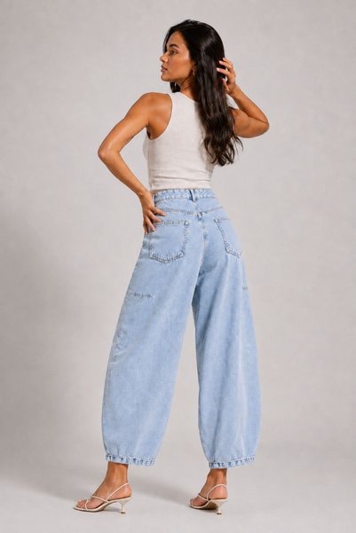 SHEVEGA Kadın Buz Mavi Yüksek Bel Kısa Paça Baggy Jean Kot Pantolon