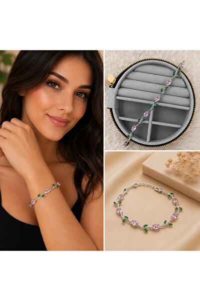 Bozhi Pink and Green Zircon Stone Silver Color Elegant Bracelet Silver Steel