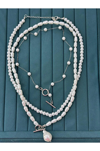Bozhi Pearl Detailed Multi-Layered Drop Pearl End Women's Necklace Special Steel