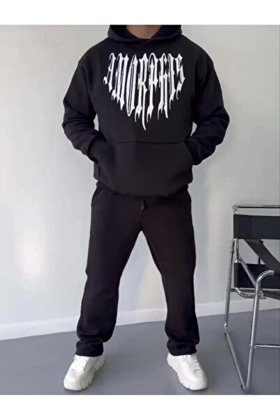 LOTS MODA Long Sleeve Hooded Printed Sweatshirt - Black