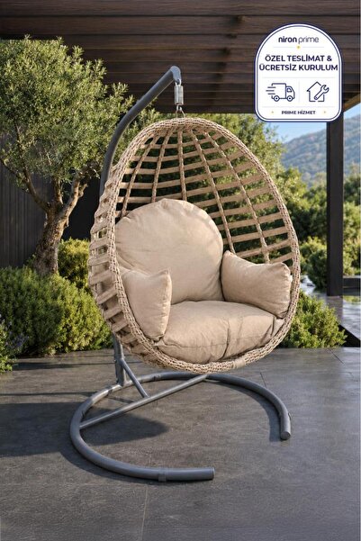 Niron Royal Rattan Bahçe Salıncağı Cappucino - Minderli Modern Salıncak