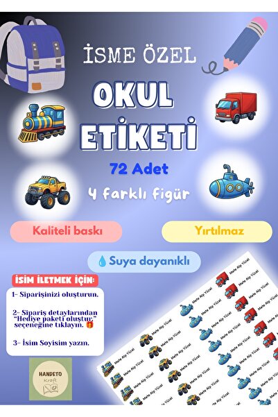 Handeto Kraft 72 Adet Araba Temalı Kişiye Özel Okul Etiketi İsim Yazılabilen ...
