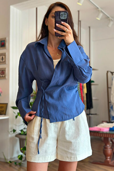 Unique Boutique قميص شيفون باللون الأزرق الداكن