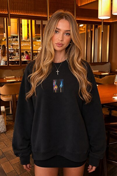 GIA - ART Women's Oversize Sweatshirt Match Flame Printed Black – Crew Neck, ...