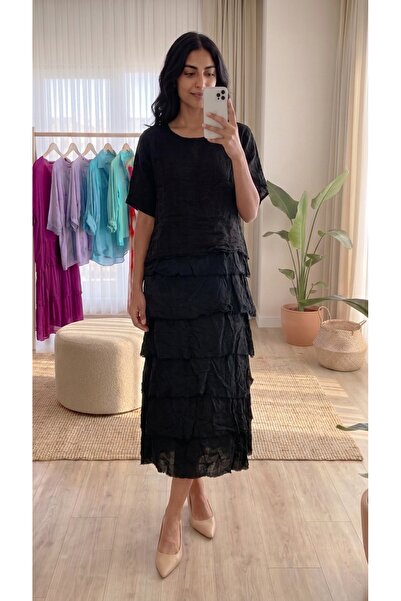 Juste Boutique Siyah Takım Görünümlü Keten Elbise