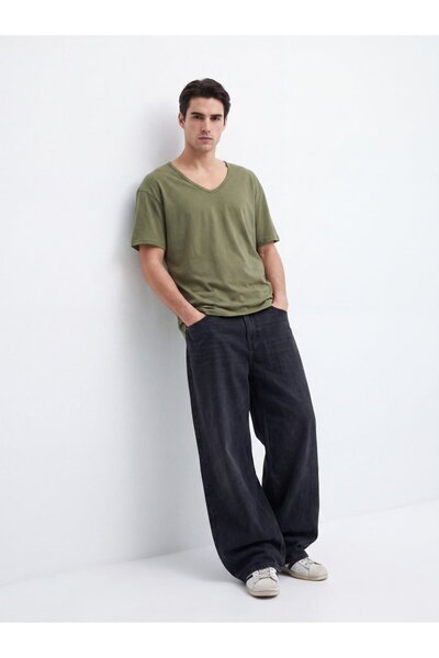 Ltb Зелена базова тениска с V-образно деколте