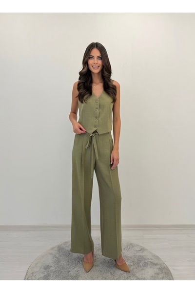 ossons Noble Posture Buttoned Vest Belted Wide-Leg Khaki Trousers Set