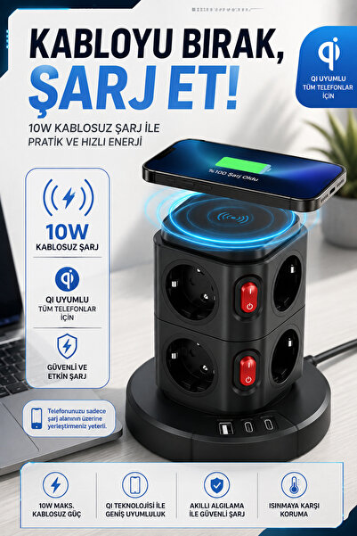 Merwish Kablosuz Şarjlı Uzatma Kule Priz 3680W 16A 230V, 8 Topraklamalı AC Priz, 10W Qi Şarj, 1 USB-A ve 2 Type-C Masaüstü Çoklu Priz