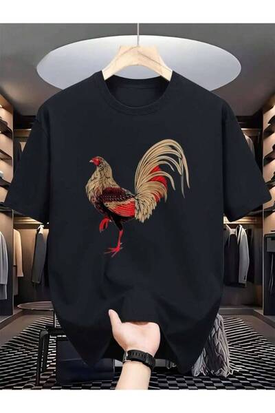 9JY Men's Round Neck Graphic Print, T-Shirt With Bright Red Gold Rooster Desi...