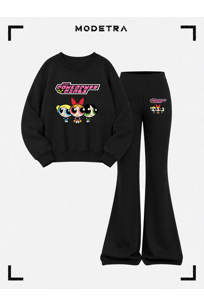 Modetra طقم ملابس رياضية من قطعتين من القطن الأسود مطبوع عليه Powerpuff Girls...