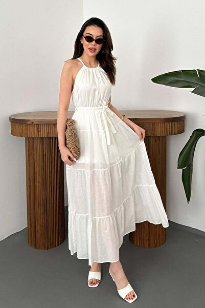 Moda Days Women's Ecru Halter Neck Belted Layered Long Flared Sleeveless Summ...