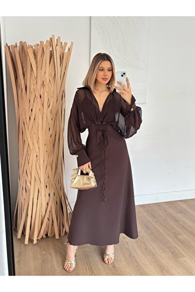 Moda Days Women's Coffee Color Long Double-Breasted Collar Lace-Up Waist Deta...