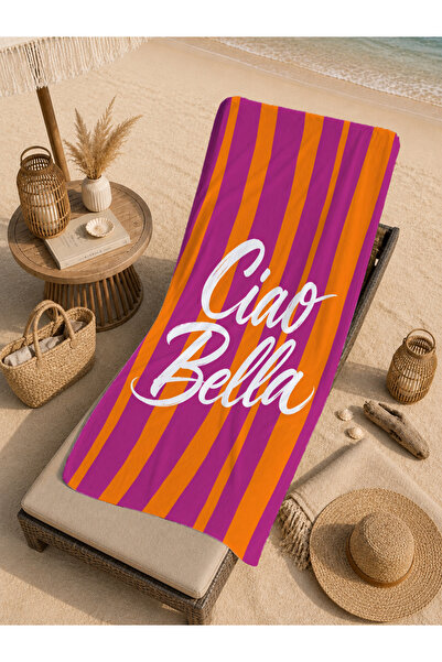 Evmila Retro Ciao Bella Written Orange Purple Striped Patterned 70X150 Beach ...