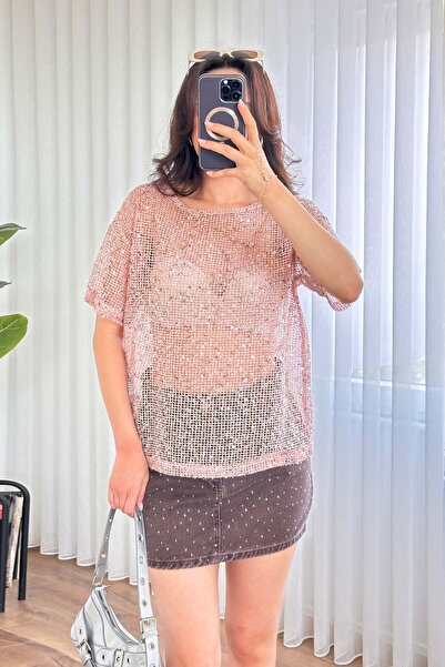 Clothes Fast Bluză de damă roz, cu paiete, texturată, cu decolteu rotund și m...