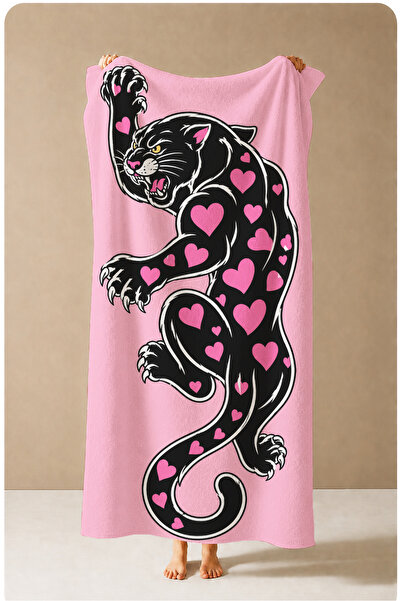 Evmila Prosop de plajă 70x150 cu model inimă leopard roz și negru în stil tat...