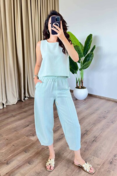 Clothes Fast Women's Mint Green Linen Sleeveless Blouse with Elastic Waist an...