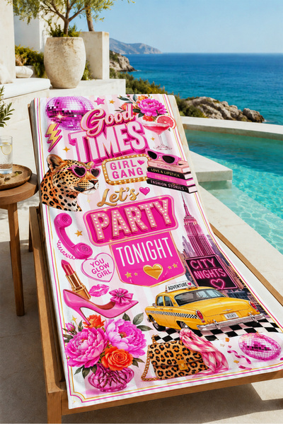 Evmila Pop Art Good Times Party Written Pink Collage Patterned 70X150 Beach T...