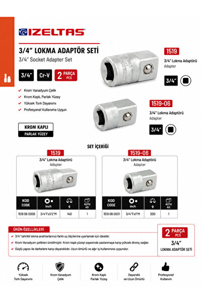İzeltaş 3/4" Lokma Adaptör Seti 2 Parça | 3/4"Fx1/2"M ve 3/4"Fx1"M Krom Vanad...