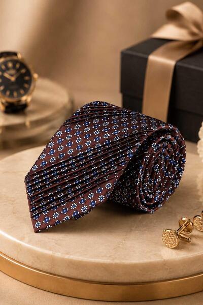 Kravatkolik Brown Floral Pattern Italian Silk Pleated Tie Est231