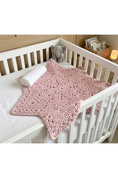 MOJOMIX Seamless Hand Knitted Light Pink Color Velvet Yarn Star Baby Blanket ...