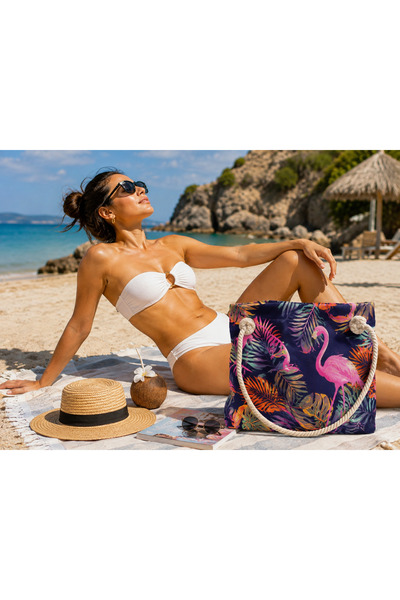 ŞIK VE MUTLU Patterned Microfiber Zippered Beach Bag with Rope Handle