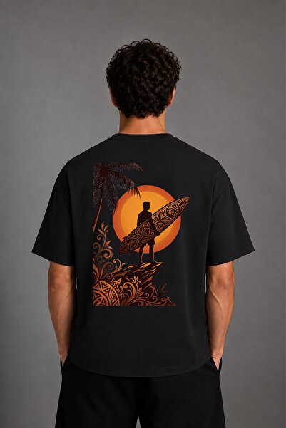 VSRN Surfer Man Design Back Printed Black Oversize t Shirt