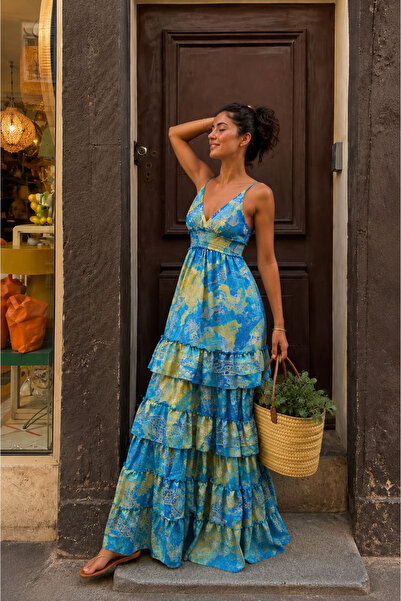 laviyonsa Silk Long Batik Patterned Ruffled Long Gipeli Dress Std 34-38