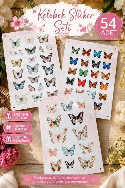 Emtory Gift Kelebk Sticker- Paketleme Sticker - Süsleme Sticker 63 Adet - Laptop, Telefon, Defter Etiket
