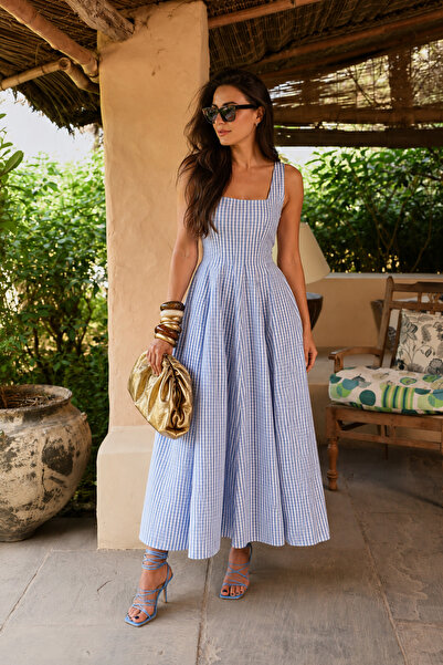 LADYA COLLECTION Blue and White Gingham Square Collar Princess Stitched Flare...