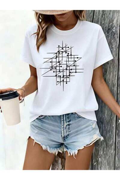 23ERVA Geometric Pattern, Women's Abstract Design, Pure Cotton T-Shirt, Summe...