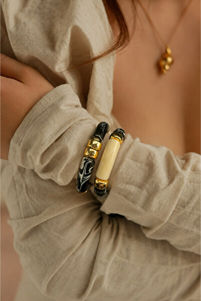 pop up store Acrylic Double Bracelet Set (Black-Cream-Gold)