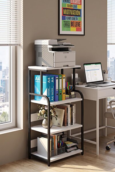 DEHALİMİTED 4 Katlı Yazıcı Sehpası Kitaplık Dosyalık Ofis Rafı Metal Ahşap Ço...