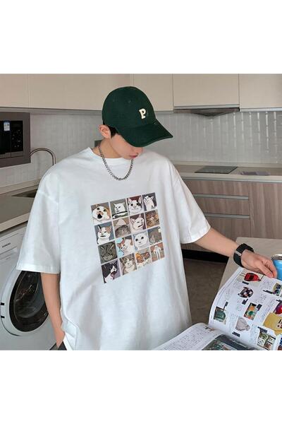 DEEFWEAR Mi̇ngalondon Cat Collage White Unisex Oversize T-Shirt
