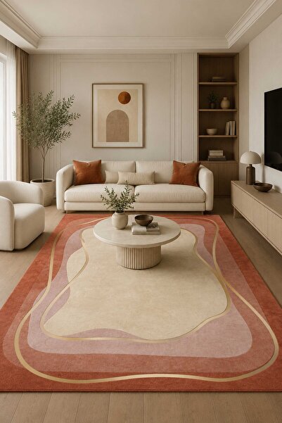 Qatalina Modern Geometrik Kiremit Bej Gold Kaymaz Taban Dijital Baskı Salon O...