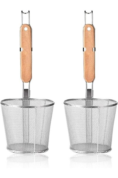 AZONEE 1 Pieces Mesh Pasta Basket with Wood Handle Noodle Pasta Colander Stai...