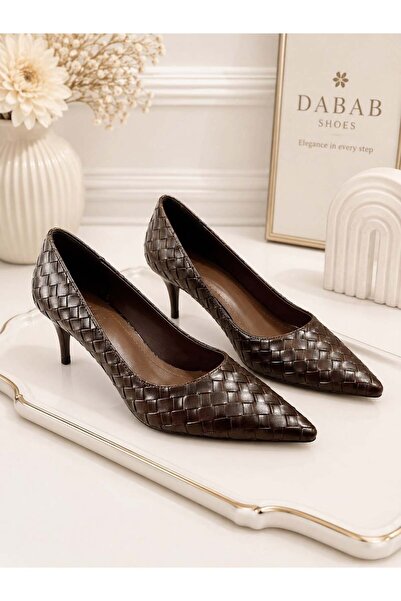 dabab shoes Lilya Women's Bitter Brown Pointed Toe Knitted Patterned 6 cm Thi...