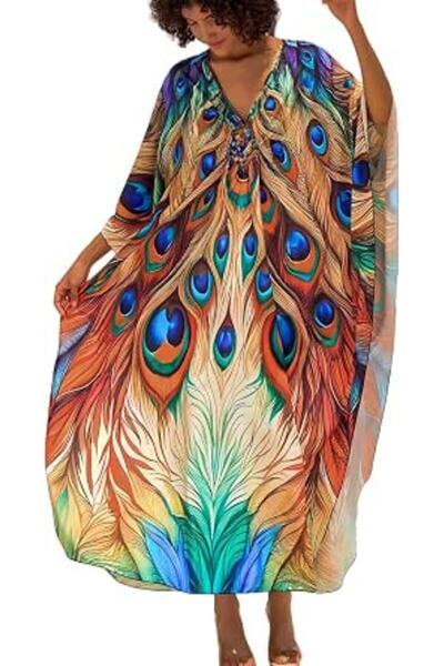 YouKD Women's Pirnt Floral Long Kaftan Maxi Dress Pluse Size Bikini Beach Cov...