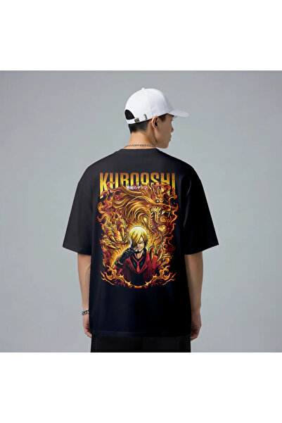 Kishoshi Fire Dragon Alevli Anime Baskılı Siyah Oversize Tişört