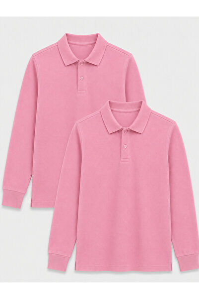 ROZELT 2-Pack Cotton Long Sleeve Polo School T-Shirt - Pink